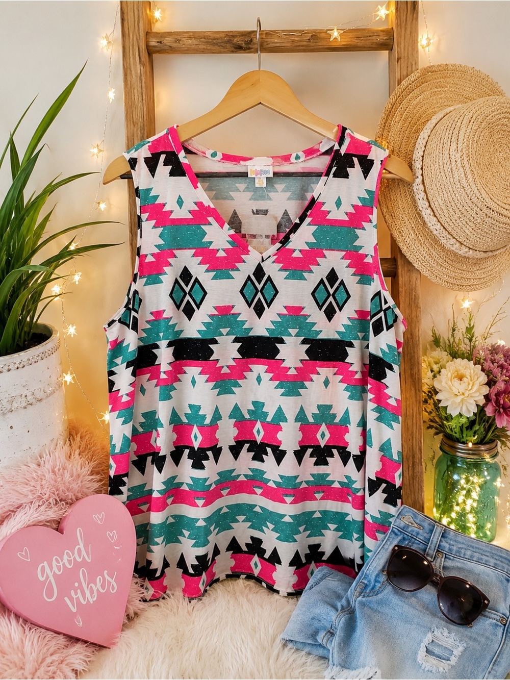 LulaRoe Sleeveless Aztec V-Neck Womens Top in Pink & Teal